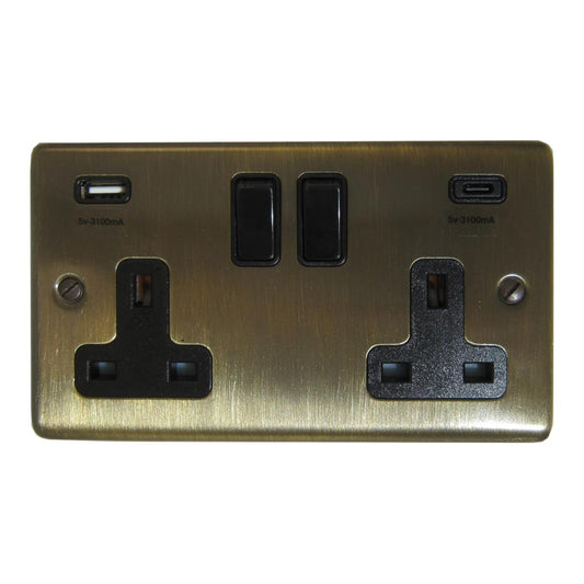 Contour  Antique Brass  2 Gang Socket with USBC (Black Switches)