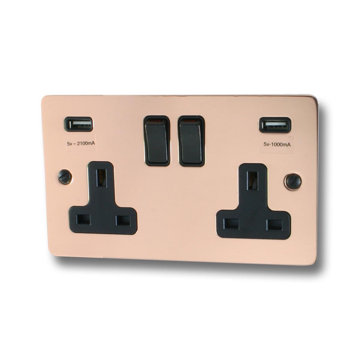 Flat Bright Copper  2 Gang Socket with USB