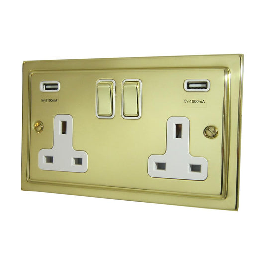 Trimline Polished Brass 2 Gang Socket C/W Usb Port