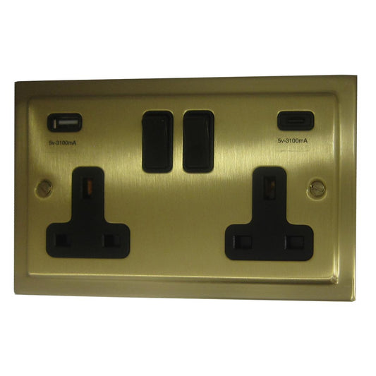 Trimline  Satin Brass  2 Gang Socket with USBC