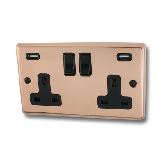 Contour  Bright Copper  2 Gang Socket with USB