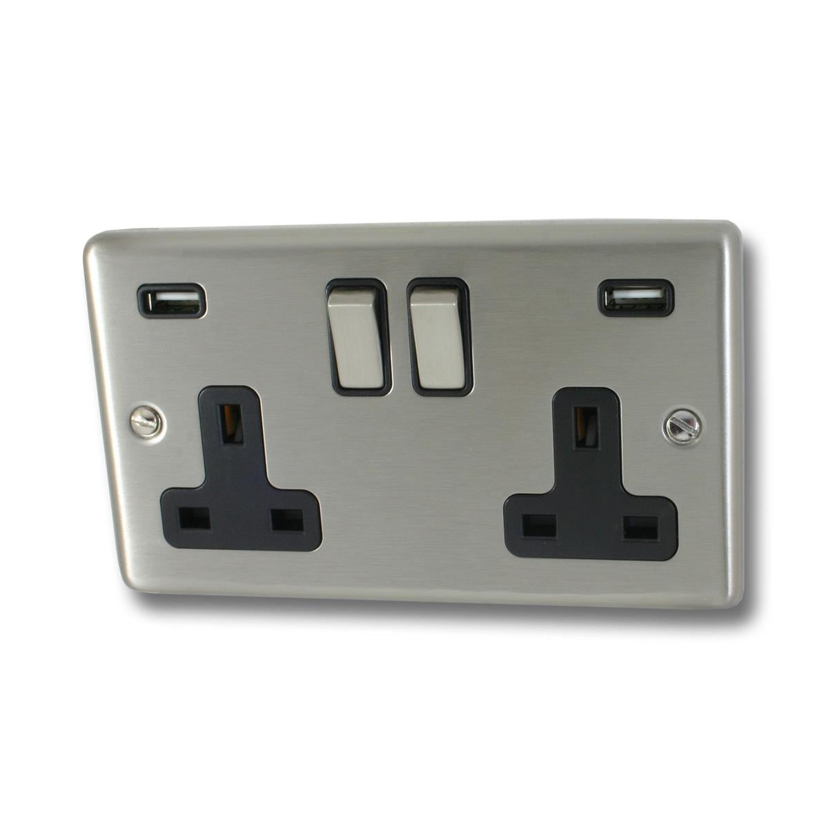 Contour Brushed Steel 2 Gang Socket + Usb