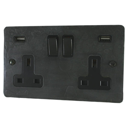 Flat Rustic Pewter  2 Gang Socket with USB