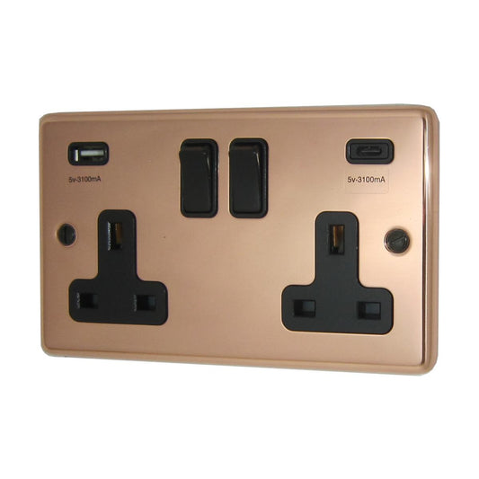 Contour  Bright Copper  2 Gang Socket with USBC