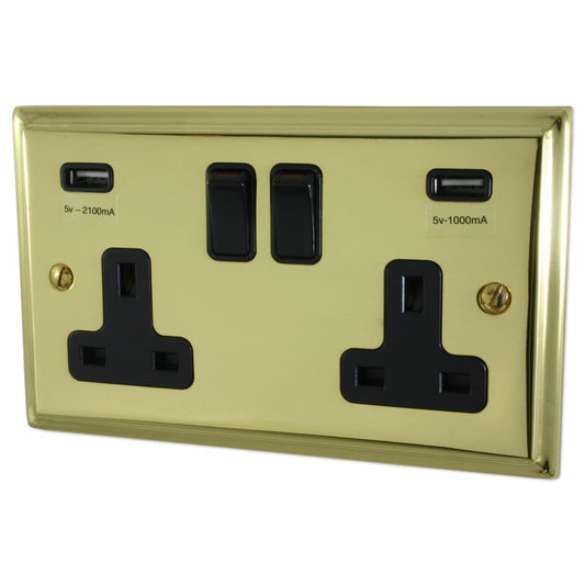 Deco  Polished Brass  2 Gang Socket with USB