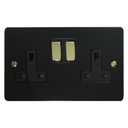 Flat Black 2 Gang Socket (Brass Switches)