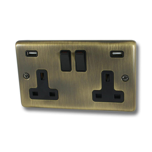 Contour  Antique Brass  2 Gang Socket with USB (Black Switches)