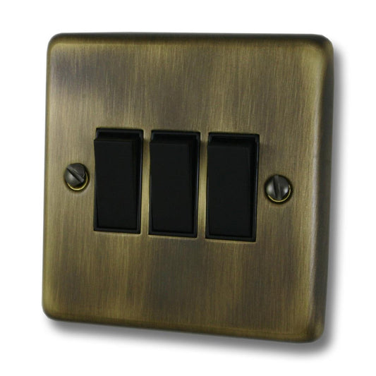 Contour Antique Brass 3 Gang Switch (Black Switches)