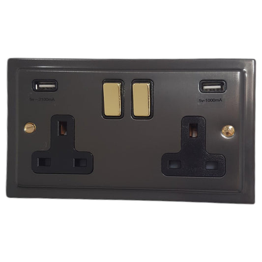 Trimline Black Bronze 2 Gang Socket C/W Usb Ports