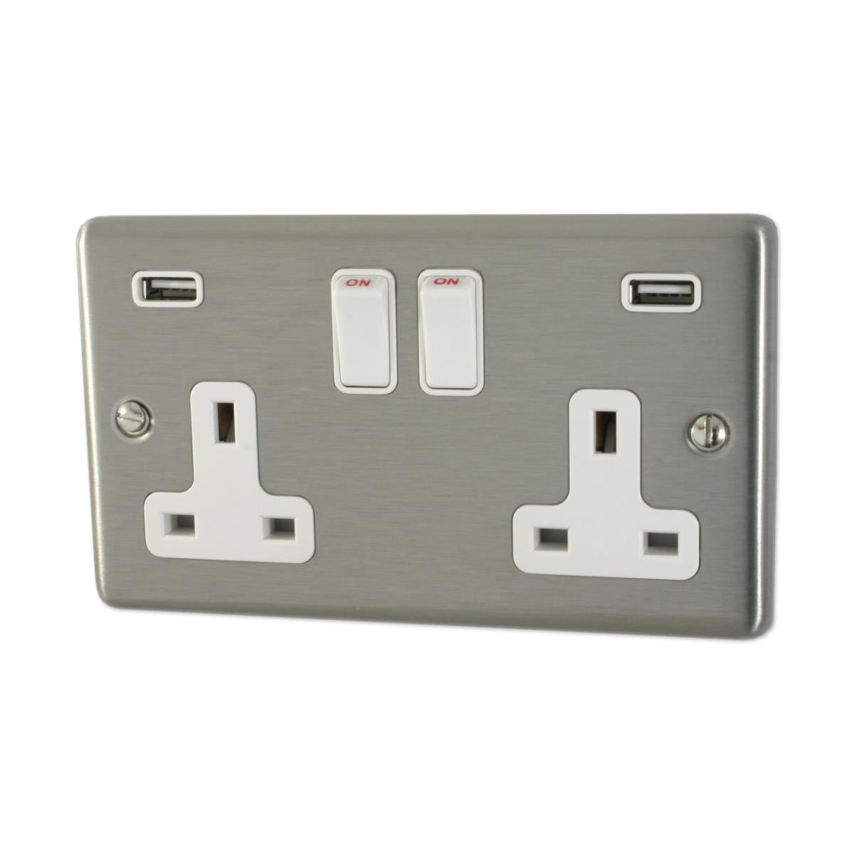 Contour Brushed Steel 2 Gang Socket + Usb