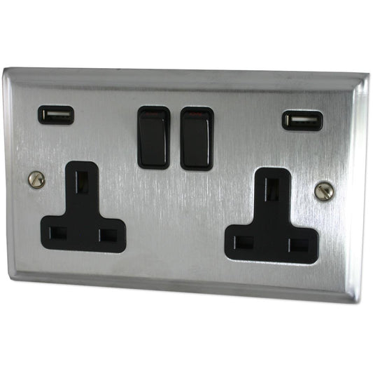 Deco Satin Chrome  2 Gang Socket with USB