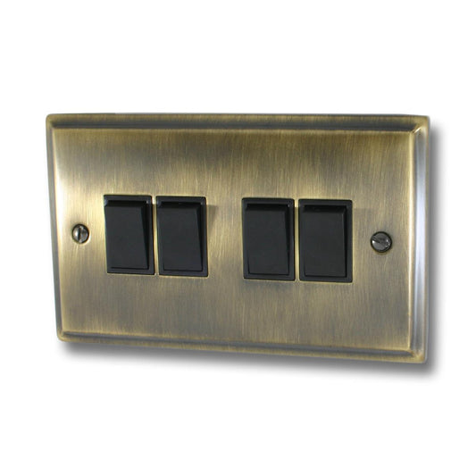 Deco Antique Brass 4 Gang Switch (Black Switches)