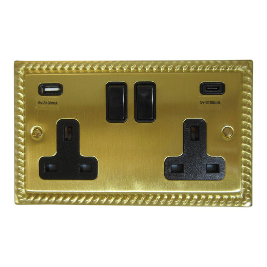 Monarch Satin Brass  2 Gang Socket with USBC