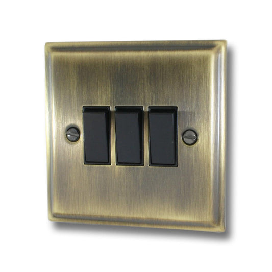 Deco Antique Brass 3 Gang Switch (Black Switches)