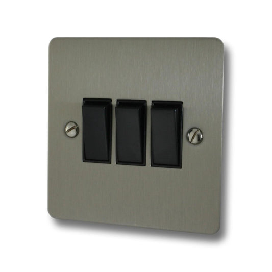 Flat Brushed Steel 3 Gang 2 Way Switch