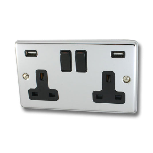 Contour  Polished Chrome 2 Gang Socket with USB