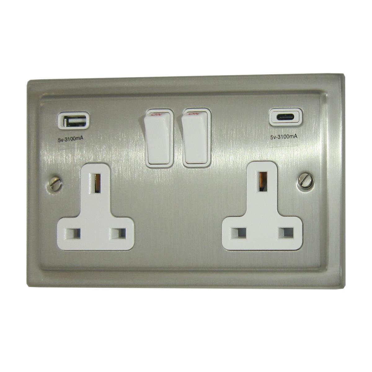 Trimline Satin Nickel 2 Gang Socket C/W USBC Ports