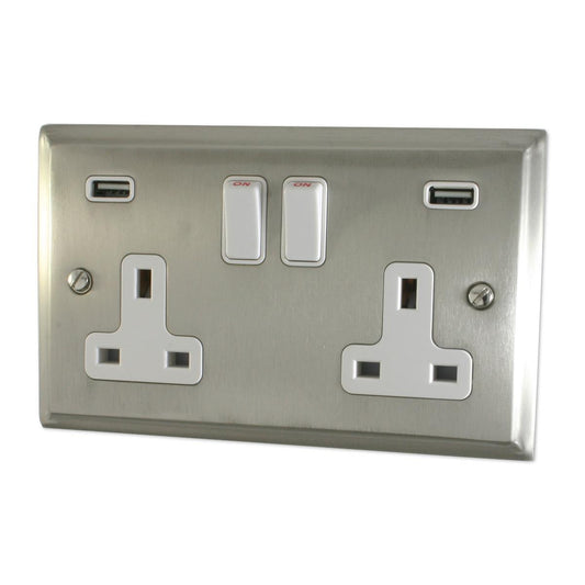 Deco Satin Nickel 2 Gang Socket C/W Usb