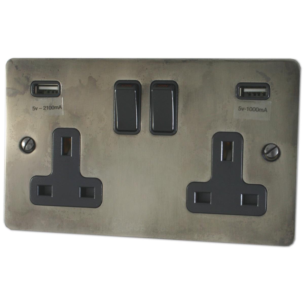 Flat Slate Effect  2 Gang Socket with USB