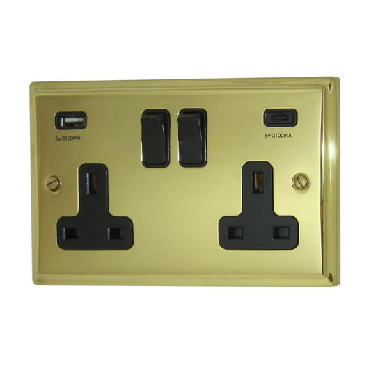 Deco  Polished Brass  2 Gang Socket with USBC