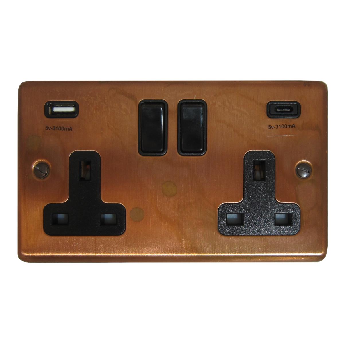 Contour  Tarnished Copper 2 Gang Socket with USBC