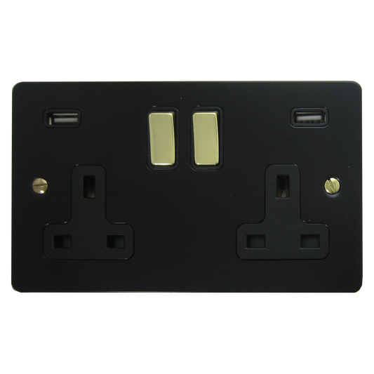 Flat Black 2 Gang USB Socket (Brass Switches)