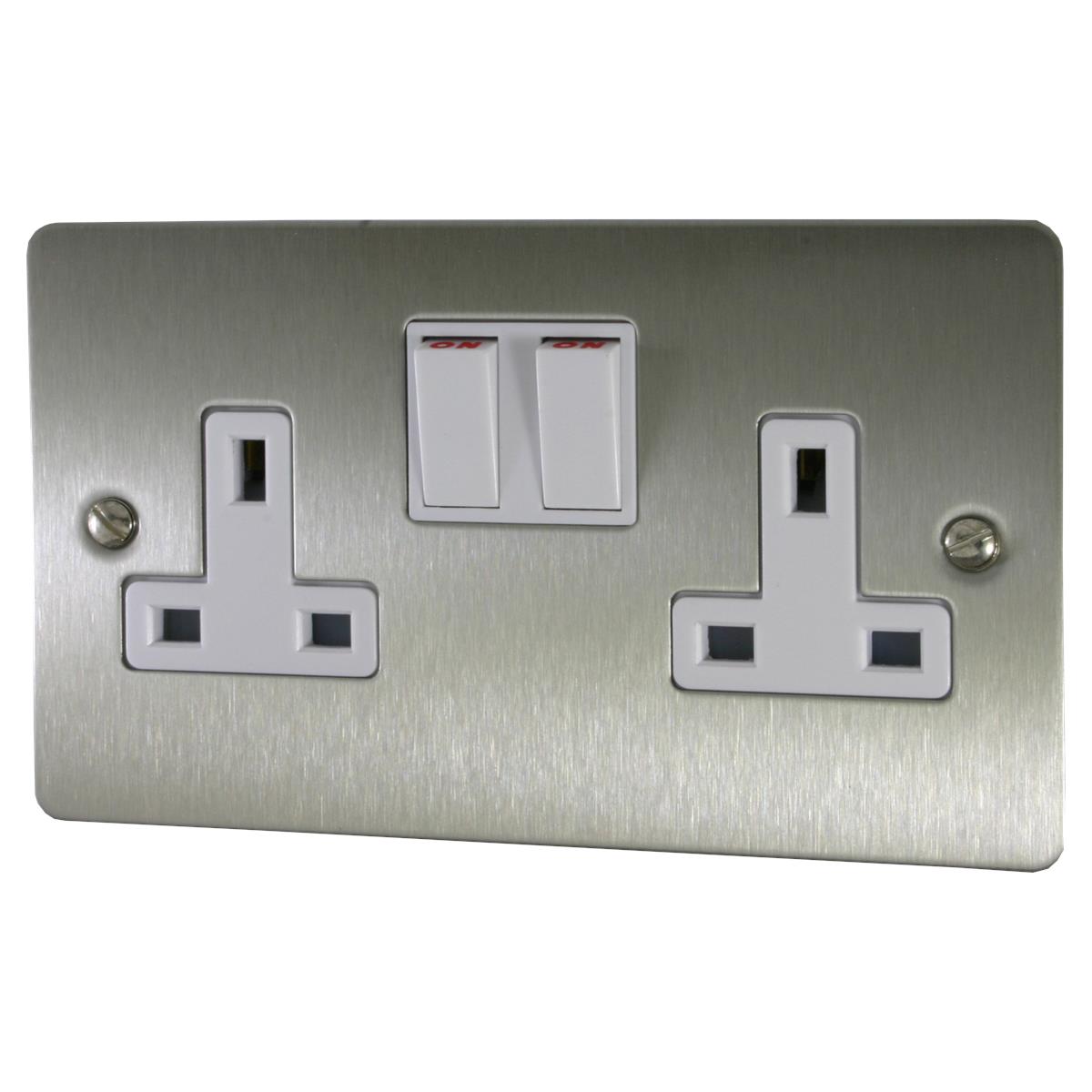 Flat Brushed Steel 2 Gang Switched Socket