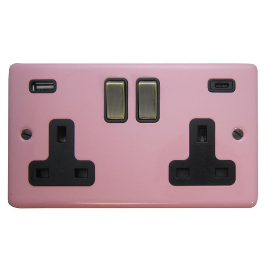 Contour Gloss Pink 2 Gang Socket with USB C (Antique Brass Switch)