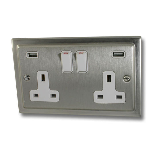 Trimline Satin Nickel 2 Gang Socket C/W Usb Ports