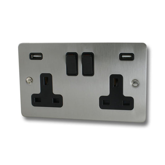 Flat Brushed Steel  2 Gang Socket with USB