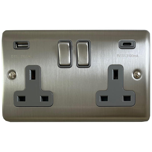 Basics Brushed Steel 2 Gang Socket with USBC