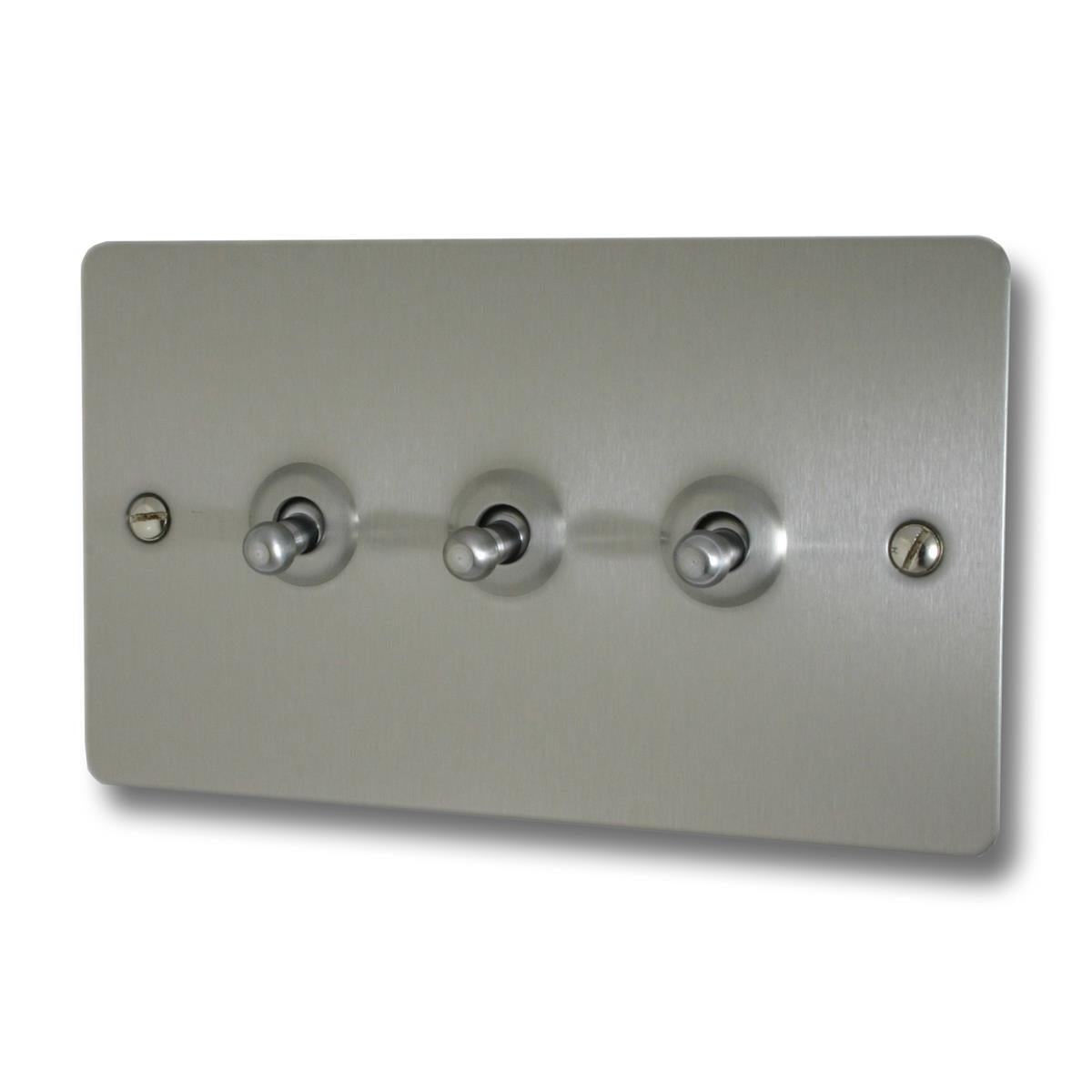 Flat Brushed Steel 3 Gang Toggle Switch