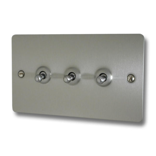 Flat Brushed Steel 3 Gang Toggle Switch