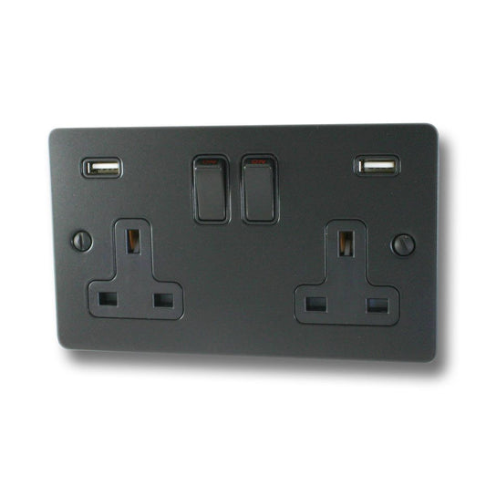 Flat Black  2 Gang Socket with USB