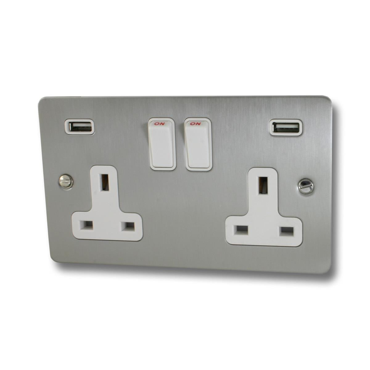 Flat Brushed Steel 2 Gang Usb Socket