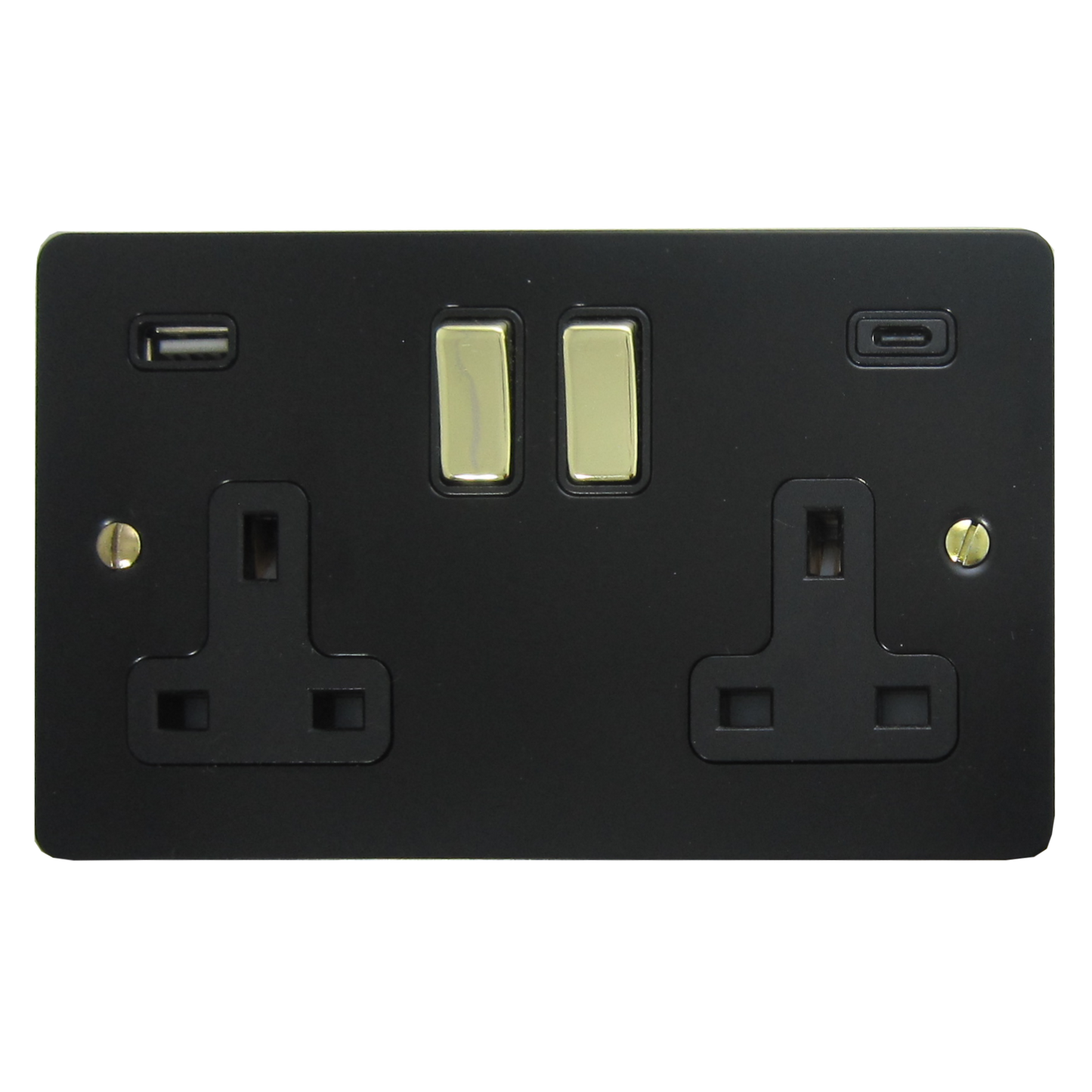 Flat Black 2 Gang USB C Socket (Brass Switches)