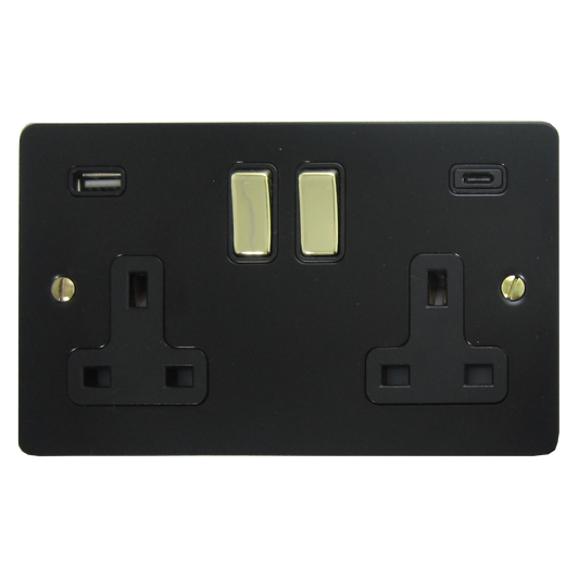 Flat Black 2 Gang USB C Socket (Brass Switches)