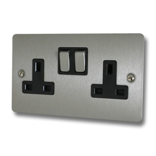 Flat  Brushed Steel  2 Gang Socket