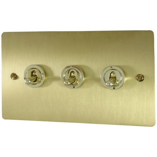 Flat Satin Brass 3 Gang Grid Toggle Plate