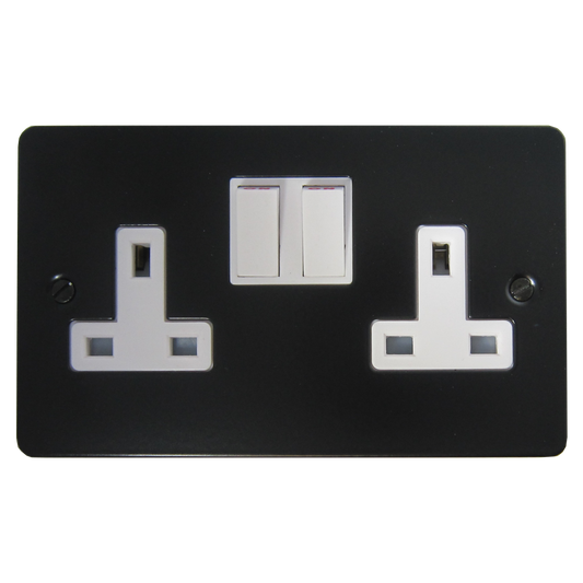 Flat Black 2 Gang Socket (White Switches)