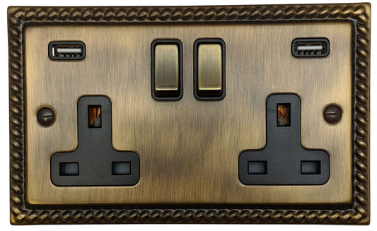 G&H MAB3910 Monarch Roped Antique Bronze 2 Gang Double 13A Switched Plug Socket 2.1A USB
