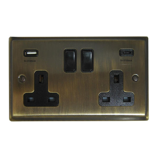 Deco Antique Brass 2 Gang USBC Socket (Black Switches)