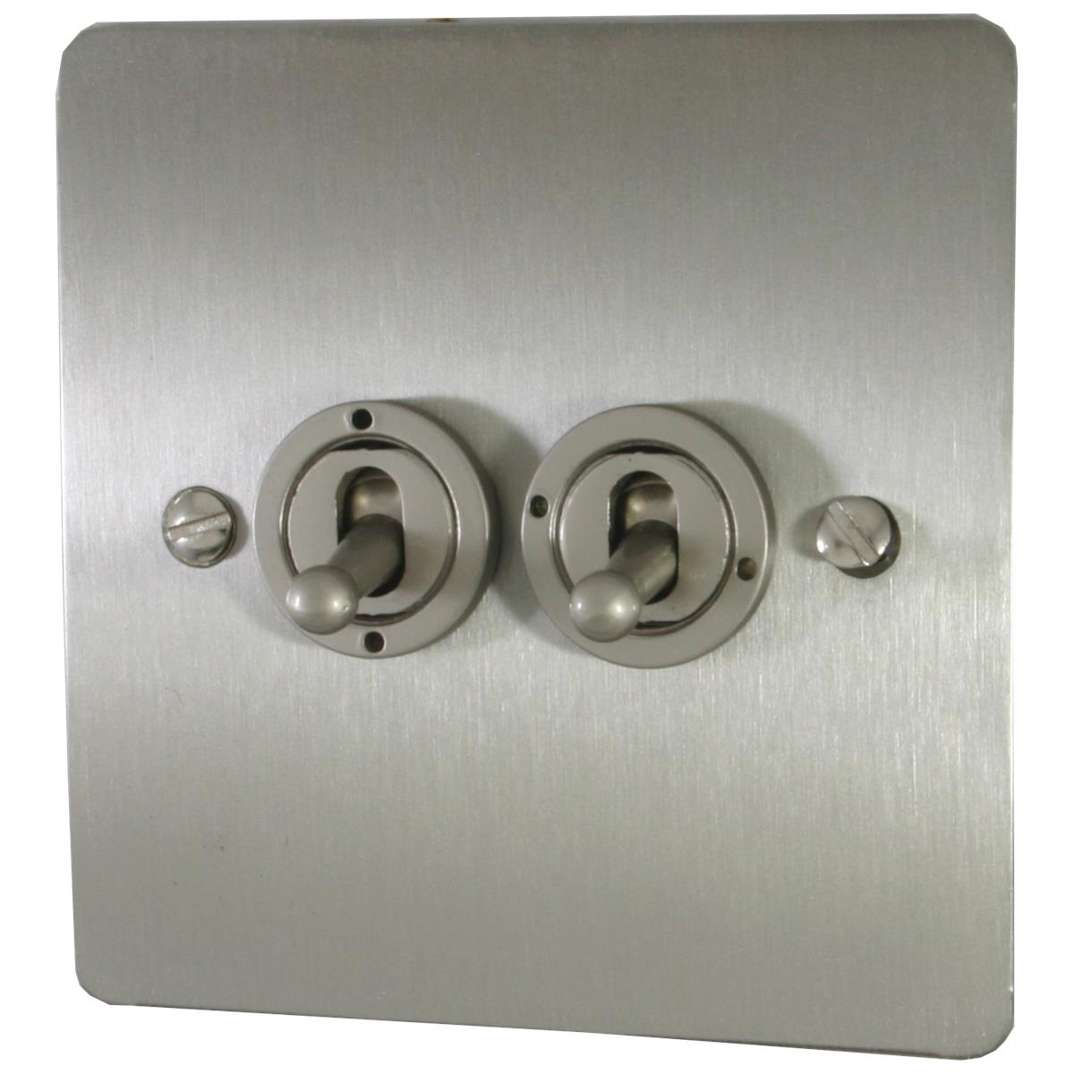 Flat Brushed Steel 2 Gang Grid Toggle Plate