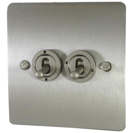 Flat Brushed Steel 2 Gang Grid Toggle Plate