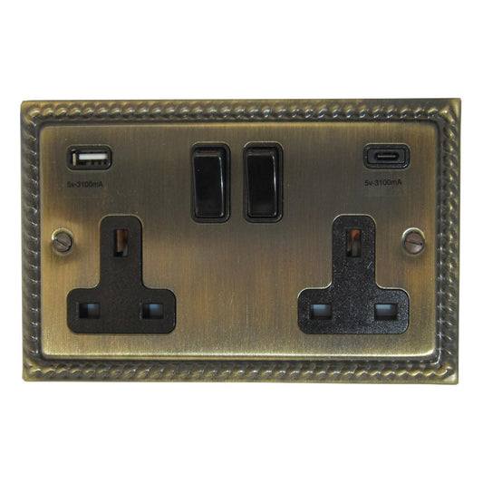 Monarch Antique Brass 2 Gang Socket with USBC (Black Switches)
