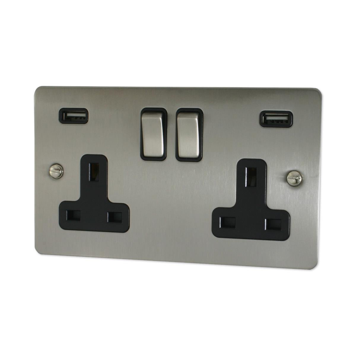 Flat Brushed Steel 2 Gang Usb Double Socket