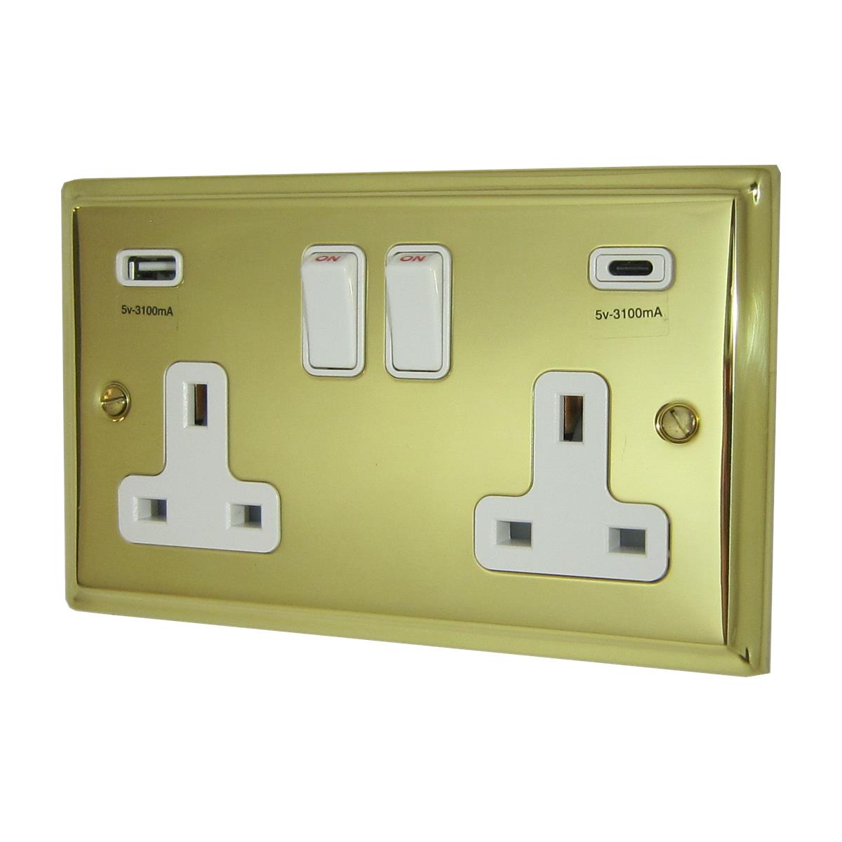 Deco Polished Brass 2 Gang Socket C/W USBC