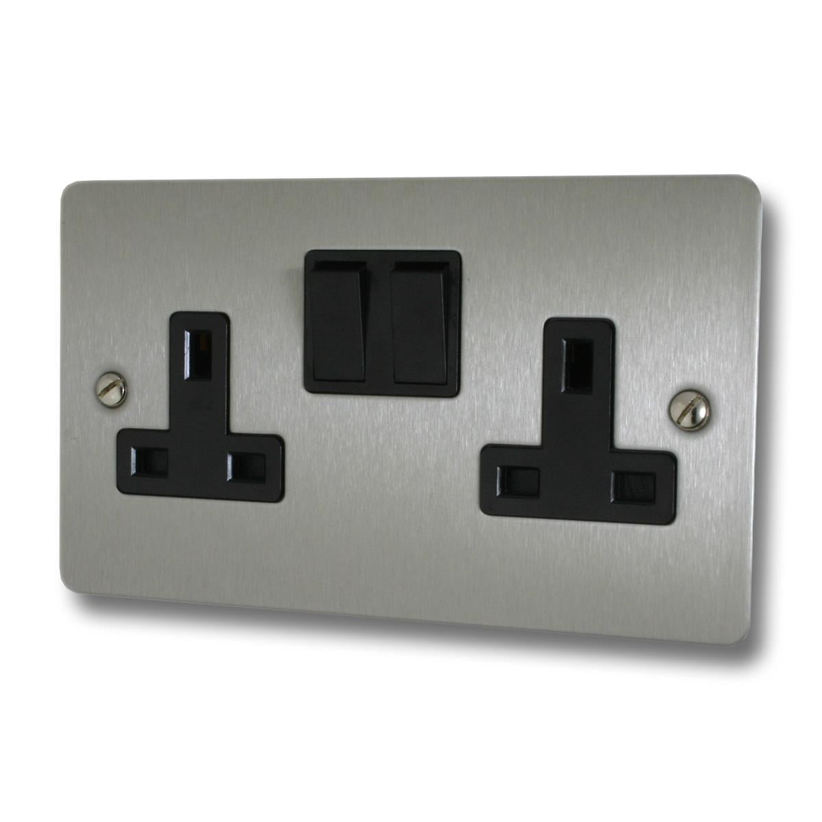 Flat Brushed Steel  2 Gang Socket