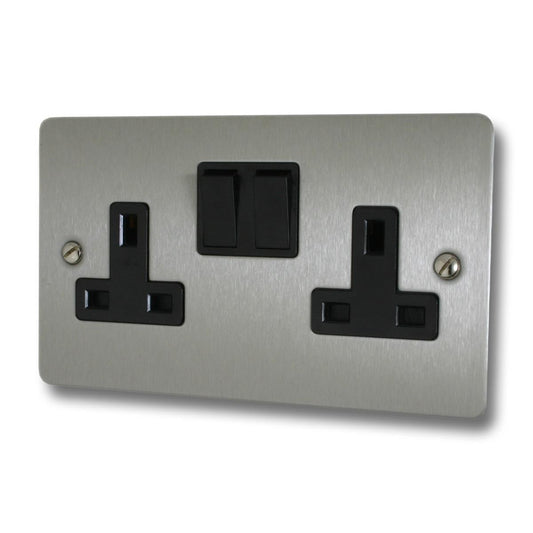 Flat Brushed Steel  2 Gang Socket