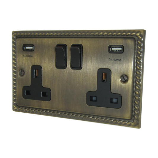 Monarch Antique Brass  2 Gang Socket with USB (Black Switches)